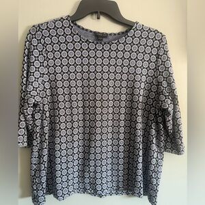 J.Jill Wearever collection black blue floral medallion jacquard 3/4 sleeve top L